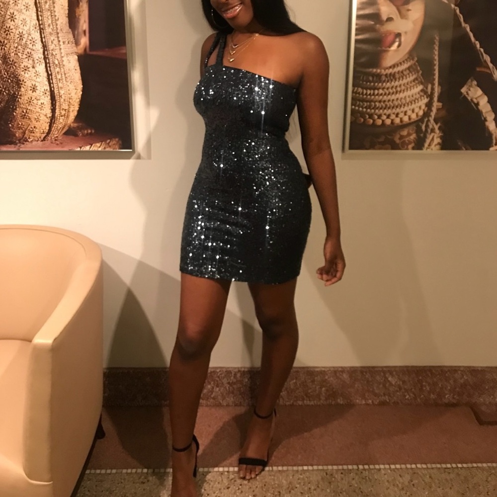 Aqua Black Sequin One-Shoulder Dress